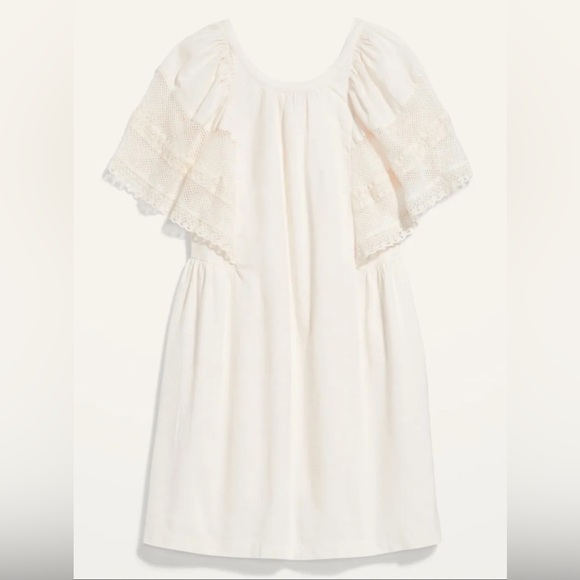 OLD NAVY Off-White Cream Flutter Lace Sleeve Swing Mini Midi Dress Open-Back M - Picture 6 of 16